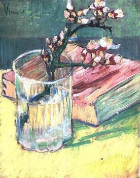 文森特 威廉 梵高 玻璃盃中盛開的杏花和一本書